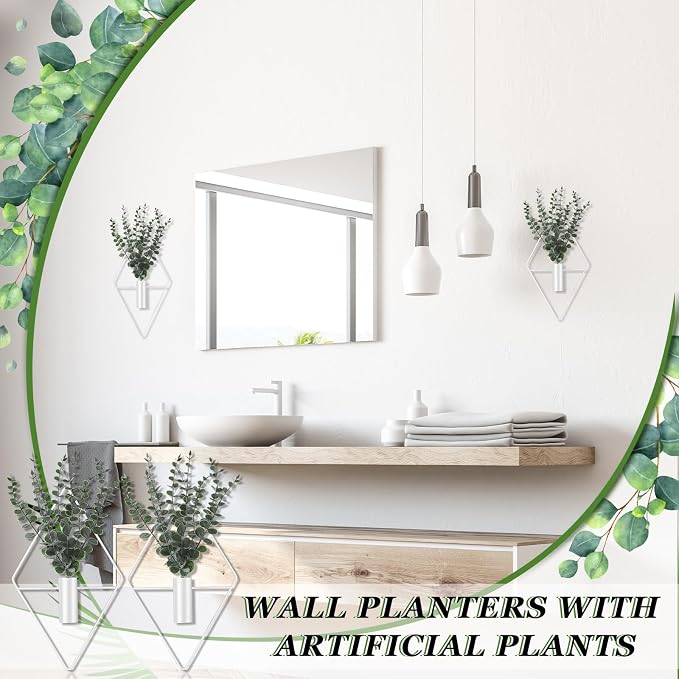 Jexine 4 Pcs Hanging Planters with Artificial Eucalyptus Metal Hanging Vase Indoor Plants Holder Modern Geometric Boho Bathroom Wall Decor for Living Room Home Office (Eucalyptus,White) - Image 6