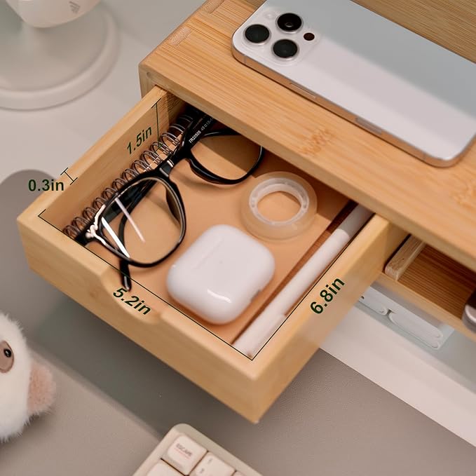 Bamboo Monitor Stand Riser with Drawer, Ergonomic Computer Riser for Desk with Cable Management & Storage Organizer, Wood Monitor Stand for Home Office - Image 4