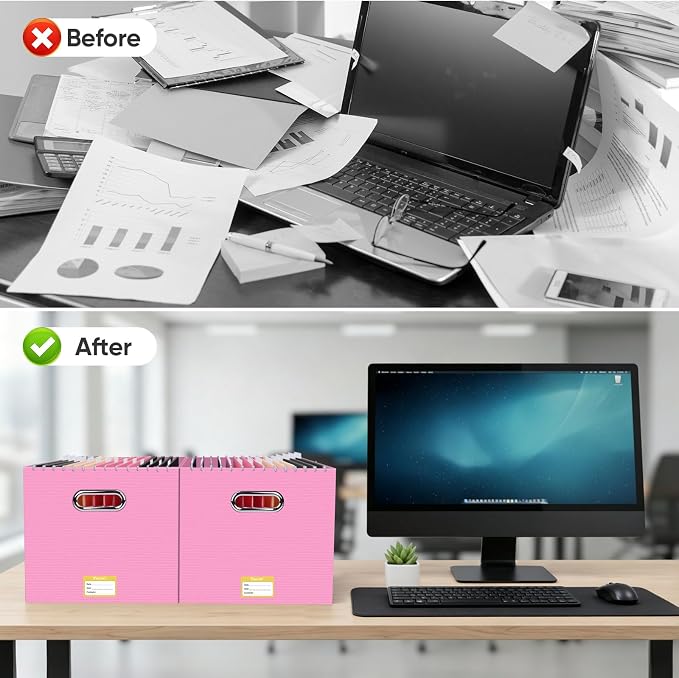 BALEINE File Organizer Box, Cardboard File Folder Organizer with Handle for Letter Size, Portable Collapsible Hanging Filing Box for Home Office Document Storage (4 Pack, Large Pink) - Image 7