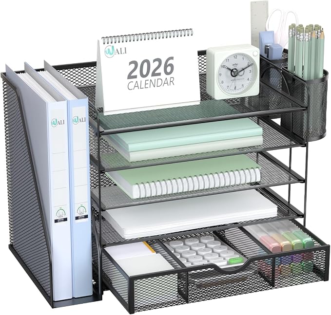 WALI Desk File Organizer, 5 Tier Desktop Paper Letter Tray Organizer with Drawer and 2 Pen Holders, Office Desk Accessories & Workspace Organizers for Office, Home Supplies(DO006DH-B), 1 Pack, Black by WALI