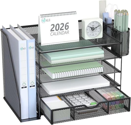 WALI Desk File Organizer, 5 Tier Desktop Paper Letter Tray Organizer with Drawer and 2 Pen Holders, Office Desk Accessories & Workspace Organizers for Office, Home Supplies(DO006DH-B), 1 Pack, Black by WALI