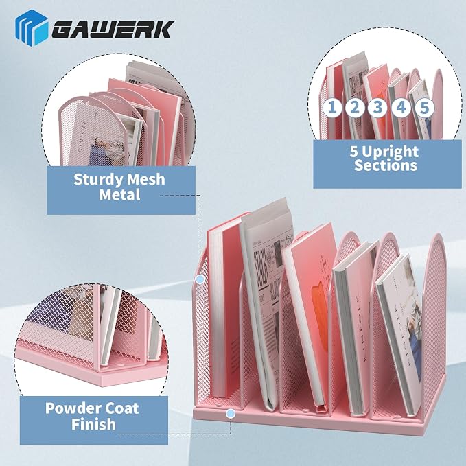 Gawerk 5-Section Vertical Desktop Organizer, 6-Section Mesh File Folder Stand Sorter for Office Home Classroom Organization - Image 3