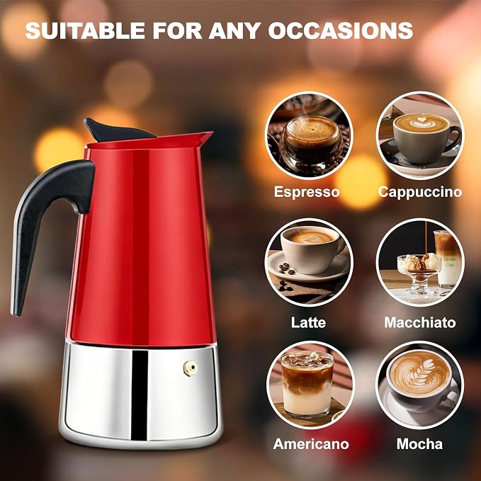 4 Cup Stovetop Espresso Maker Stainless Steel Moka Pot Stove Top Percolator Italian Coffee Makers Capable Mocha Greca Machine Cafe Classic Induction Cookers for Home and Camping 200ml 6.6oz - Image 6