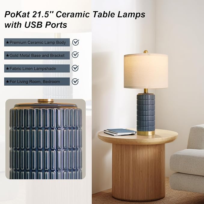 PoKat 21.5'' Bedside Table Lamps Set of 2 with USB A+C Ports for Living Room, Ceramic Modern Lamps for Bedroom, Small Nightstand Lamps for Office Guest Room Hallway Sideboard Gift Decor (Blue) - Image 4
