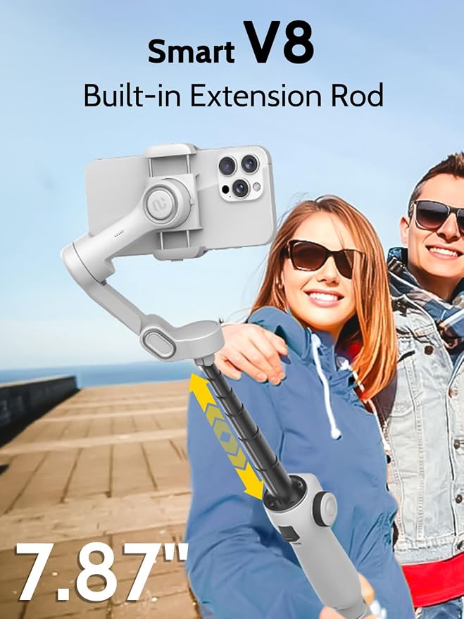 AOCHUAN Cellphone Gimbal for Video Recording w/AI Tracking,3 -axis Vlogging Gimbal stabilizer for iPhone w/OLED Display, Smartphone Holder w/7.8' Extension Rod, Trigger Button Smart V8(White) - Image 3