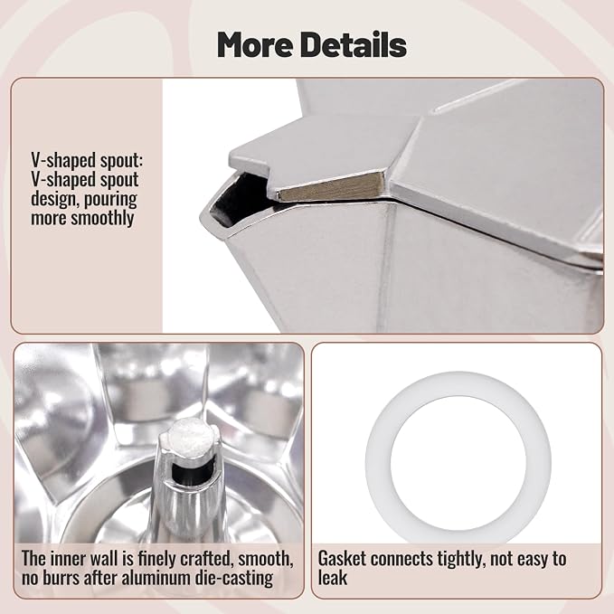3 Cup Aluminum Moka Pot Classic Stovetop Espresso Coffee Maker 150ml 5oz Coffeemaker Percolator Mocha Pot Greca Coffee Maker Cafe Makers for Italian and Cuban Café Brewing Silver - Image 6