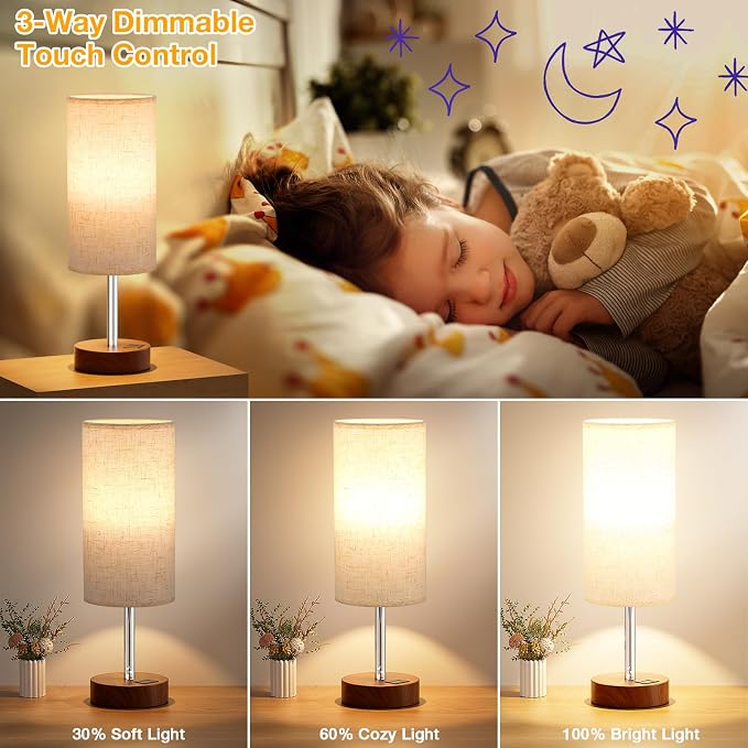 Dicoool Bedside Table Lamp for Bedroom - 3-Way Dimmable Touch Lamp, USB A+C | LED Bulb Included, 14" Small Nightstand Lamp for Desk, Living Room, Guest Room, Cream Fabric Lampshade, Redwood Metal Base - Image 3