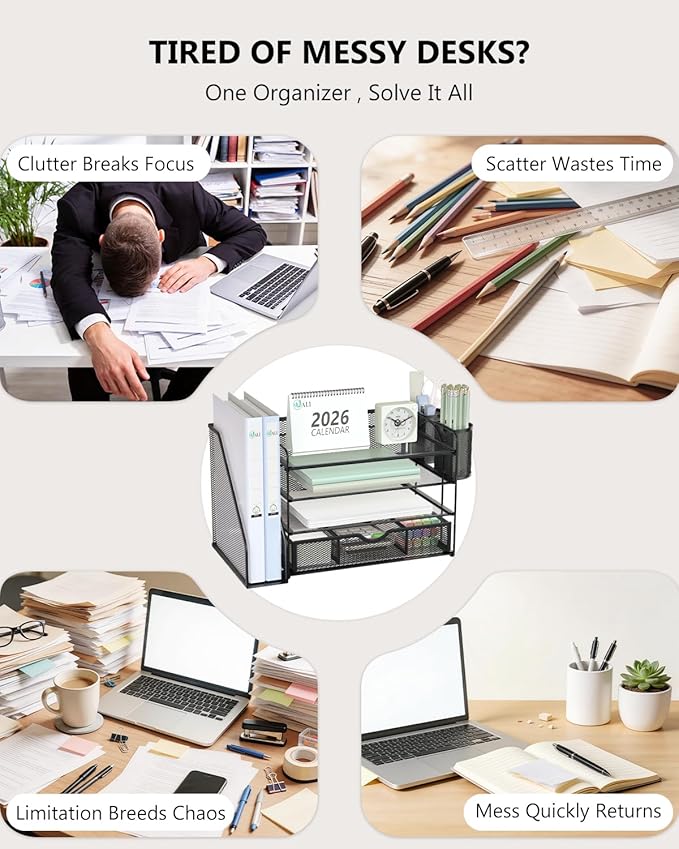 WALI Desk File Organizer, 4 Tier Desktop Paper Letter Tray Organizer with Drawer and 2 Pen Holders, Office Desk Accessories & Workspace Organizers for Office, Home Supplies(DO005DH-B), 1 Pack, Black - Image 3