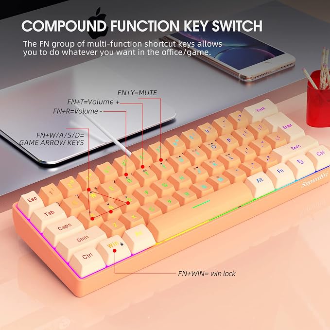 Snpurdiri 60% Wired Gaming Keyboard, RGB Backlit Ultra-Compact Mini Gaming Keyboard for PC/Mac Gamer, Typist, Travel (Cream and Orange) | Backlit Ultra-Compact Mini Gaming Keyboard for PC/Mac Gamer, Typist, Travel - Image 8