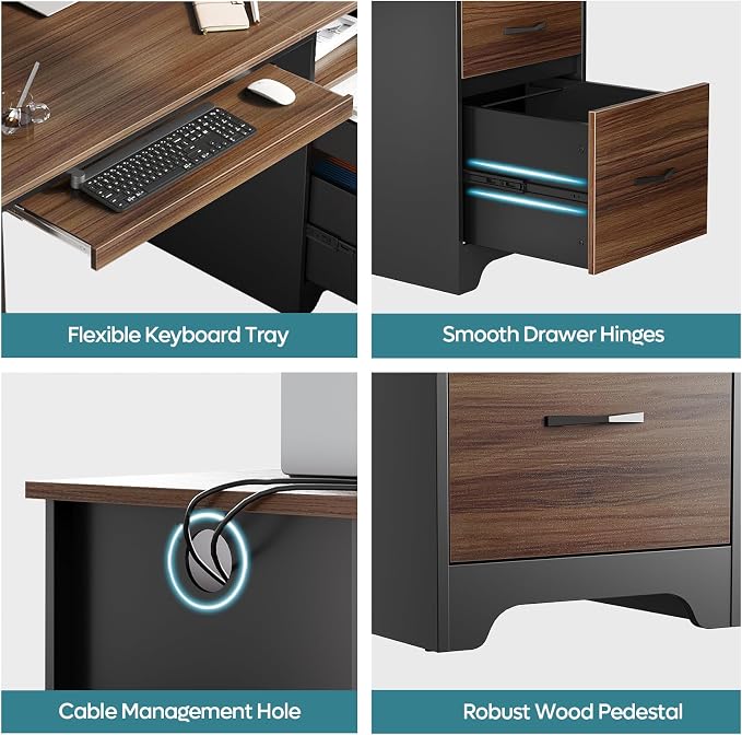 Bestier 48” Computer Desk with Drawers, Office Desk with Storage, Industrial Wood Writing Desk with File Drawer, Keyboard Tray & 2 Hooks for Home Office & Studio, Cherry - Image 5