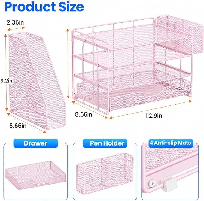 OPNICE Desk Organizers and Accessories, 4-Tier Desktop File Organizer with Drawer and Pen Holders, Office Desk Accessories Workspace Organizers for Office Supplies (Pink) - Image 4