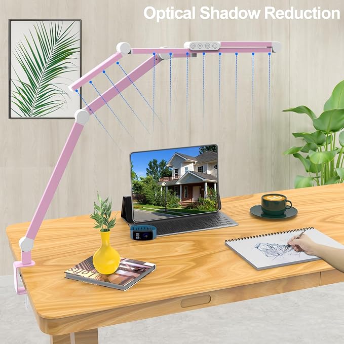 Micomlan Architect Desk Lamp for Home Office, Pink Desk Lamp with Clamp for Working, 24W Bright Rotatable Led Table Light Stepless Dimming Tempering Wide Computer Light for Crafting Puzzle Hobby - Image 6