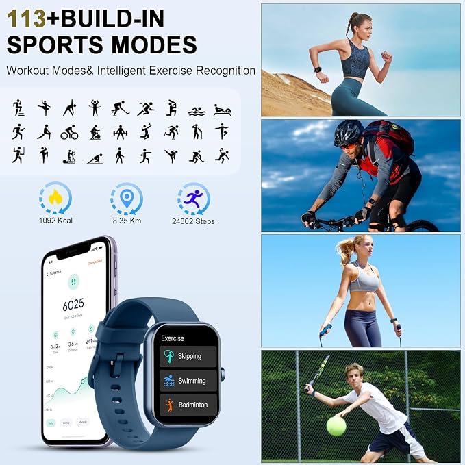 Smart Watch for Men Women (Answer/Make Call), 1.96"HD Smartwatch with Heart Rate/Sleep Monitor/Pedometer, 113+ Sports Modes, New Fitness Watch IP68 Waterproof, Activity Tracker for Android iOS-Blue - Image 5