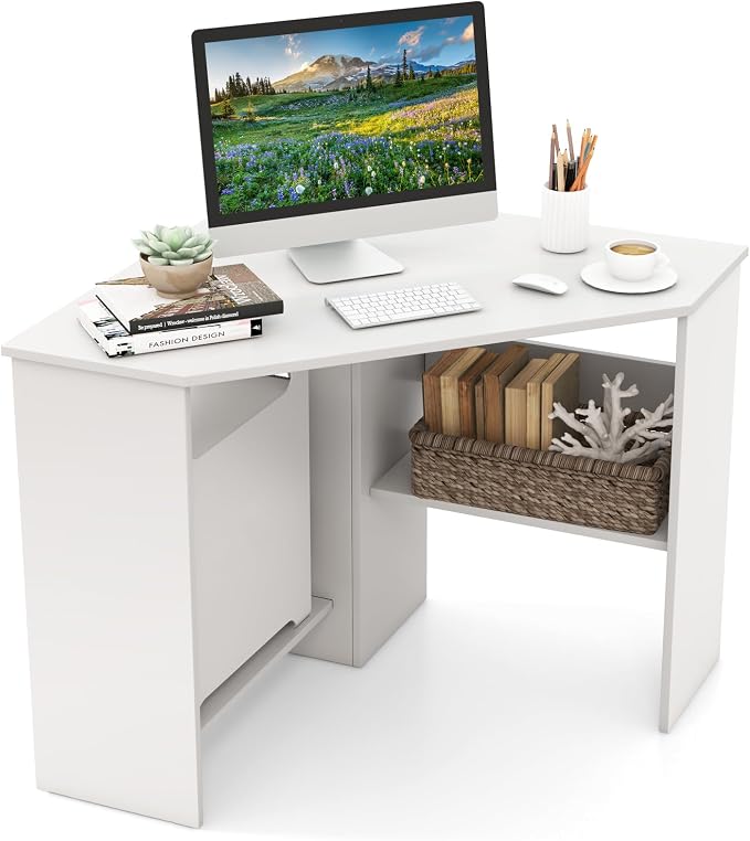 GOFLAME Corner Desk with Storage Shelves, Triangular Computer Desk with Cable Management Holes, Laptop Workstation for Small Space, Makeup Vanity Desk for Living Room, Study, White by GOFLAME
