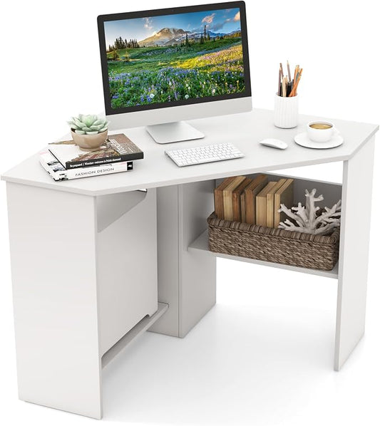 GOFLAME Corner Desk with Storage Shelves, Triangular Computer Desk with Cable Management Holes, Laptop Workstation for Small Space, Makeup Vanity Desk for Living Room, Study, White by GOFLAME