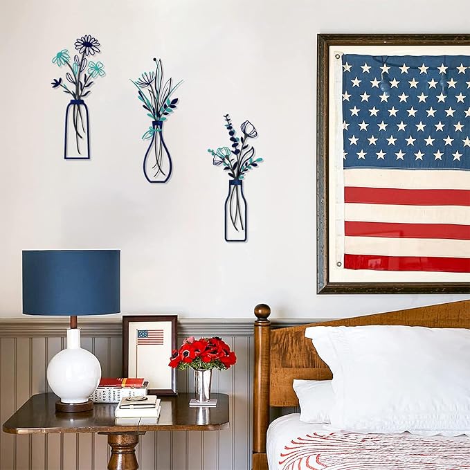 Pigort 3 Pieces Metal Flowers Wall Arts - Rustic Farmhouse Style Décor Metal Wall Art Black Minimalist Flower Natural Themed Wall Decors for Home Bedroom Dining Room Housewarming (Blue) - Image 3