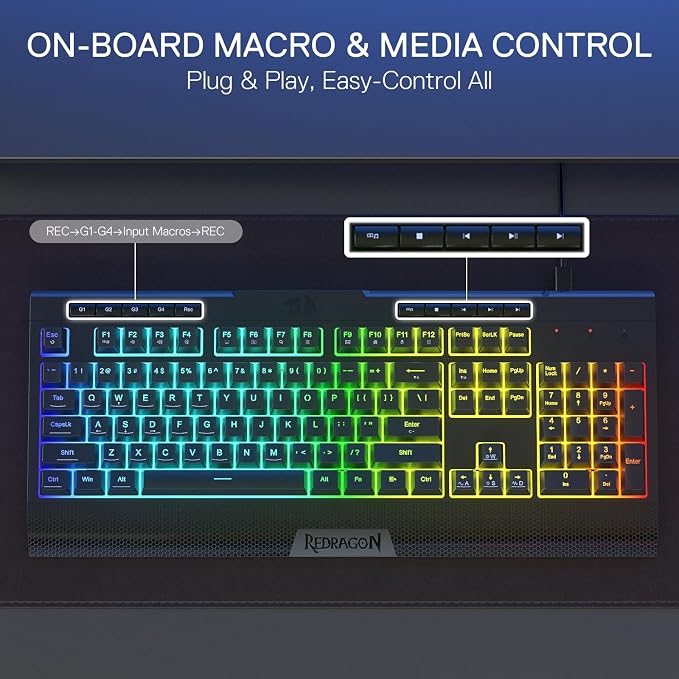 Redragon K525 RGB Backlit 104 Keys Wired Membrane Gaming Keyboard w/ 5 Multimedia Keys & 4 Extra On-Board Macro Keys, Dedicated Media Control, Ergonomic Wrist Rest, Linear Mechanical-Feel Switch - Image 3