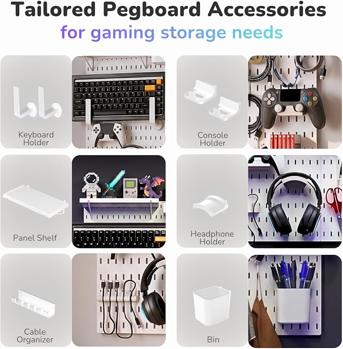 Keepo Peg Board Wall Organizer for Gaming Setup, Pegboard with Adhesives & Screw Mounts, Includes Peg Board Accessories for Gaming Accessories, Tech Storage & Office Organization (White, 22″×22″) - Image 5