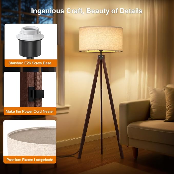 LEPOWER Tripod Floor Lamp Mid Century Modern Standing Lamps for Living Room | Light-Diffusing Linen Shade, Premium Rubberwood Tripod with E26 Base, Adding Warmth to Bedroom, Office & Study Corner Walnut - Image 4