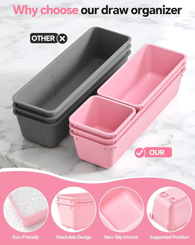 Canfanni 13 Pack Plastic Drawer Organizers Set, 3 Sizes Desk Drawer Organizer Trays for Vanity and Makeup Organizer, Organization and Storage for Makeup, Kitchen Utensils, Bathroom and Office(Pink) - Image 3