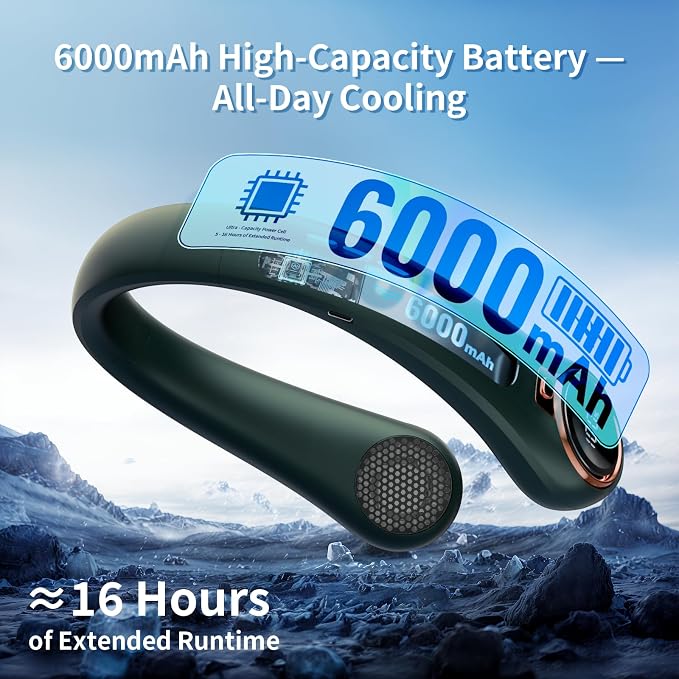 BNBZ Portable Neck Fan, 6000mAh Rechargeable Fan Blows Cold Air with LED Display, 4 Speeds, 20H Runtime, Quiet Wearable 360° Personal Cooling Fan for Outdoor Travel Work Gym,Fireplace Fans-Green - Image 3