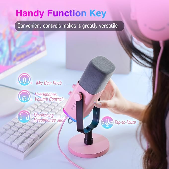 FIFINE AmpliGame AM8P XLR/USB Dynamic Microphone for Gaming Recording | PC Microphone with Controllable RGB, Headphones Jack, Mute Button, for Streaming Podcasting Voice-Over YouTube Video, Pink - Image 5