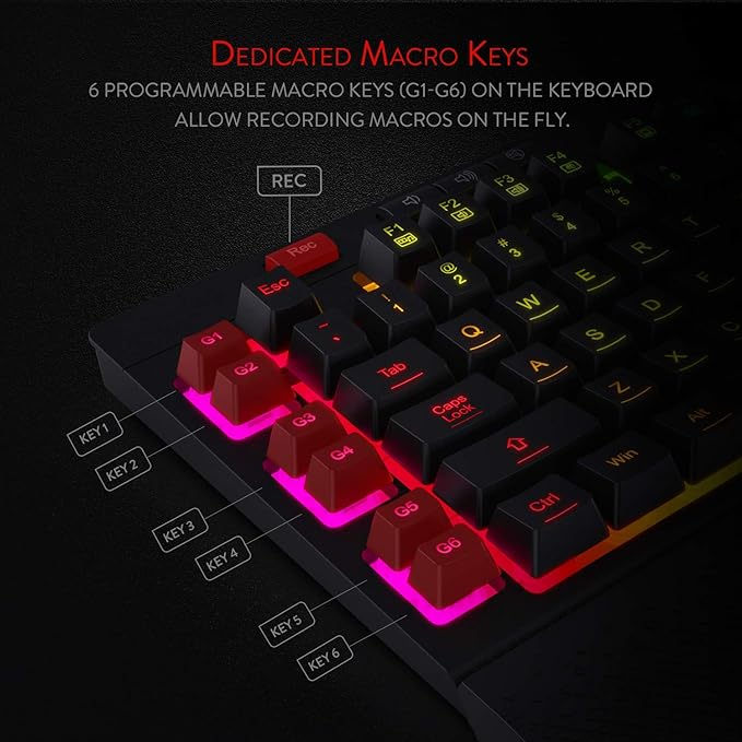 Redragon K512 RGB Membrane Gaming Keyboard, 6 Macro Keys & Easy Media Wheel | Dedicated Scroll Controls, No Software Needed 6 On-the-Fly Combos for Extensive Games, 13 Backlight Modes, Wrist Support - Image 2