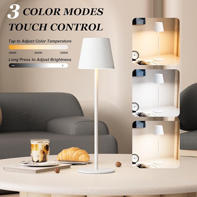 Kakanuo White Cordless Table Lamp Rechargeable - 2 Pack 5000mAH Battery Operated Lamp for Table, 3 Color Stepless Dimming Wireless Lamp for Kitchen Counter, Touch Control - Image 2