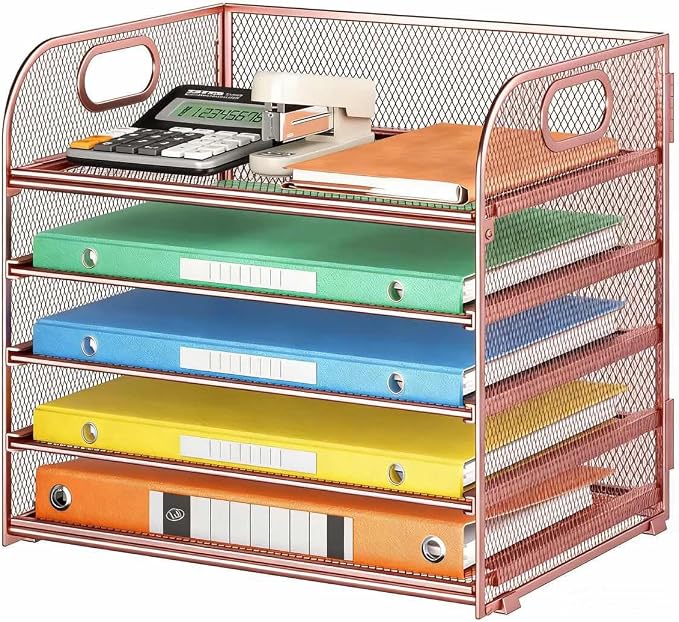 5 Tray Paper Organizer Letter Tray with Handle - Mesh Desk File Organizer, Paper Sorter Organizer for Office, Home or School File Folder Holder - Rose Gold by Lavatino