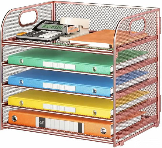 5 Tray Paper Organizer Letter Tray with Handle - Mesh Desk File Organizer, Paper Sorter Organizer for Office, Home or School File Folder Holder - Rose Gold by Lavatino