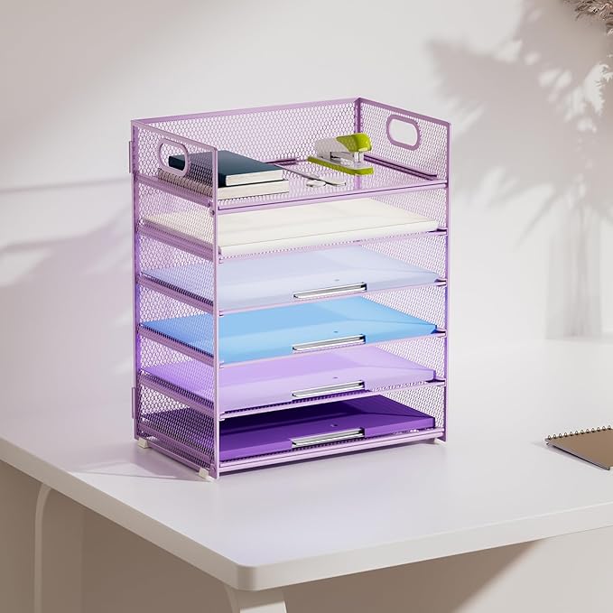 Marbrasse 2 Pack Desk Organizer with Handle, 6 Tier Paper Letter Tray, Mesh Desk File Organizer for Office, School and Home - Purple - Image 6