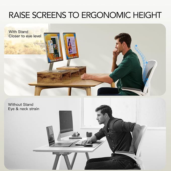 AMERIERGO Dual Monitor Stand Riser- 3 Shelf Screen Stand with Adjustable Length and Angle, 2 Extra Functional Slot Desktop Organizer Stand for PC, Computer, Laptop (Rustic Brown) - Image 4
