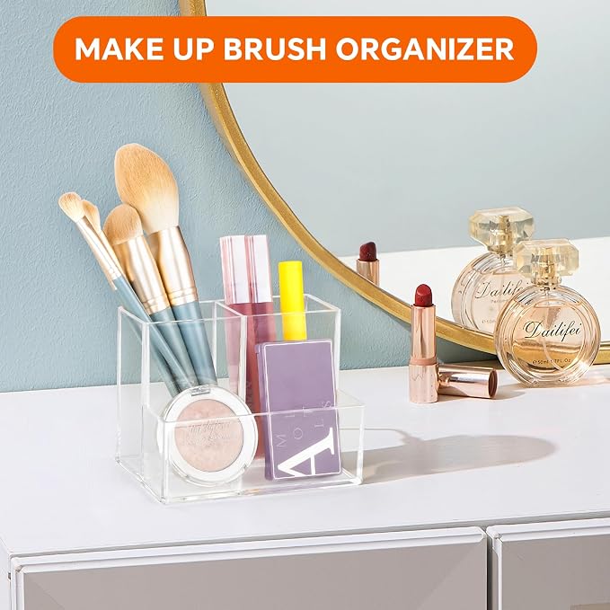 2 Pcs Acrylic Pen Holder for Desk, Pencil Holder for Home,Office | Plastic Marker Holder with 3 Compartments, Pencil Organizer for Classroom, Makeup Brush Holder for Bathroom, Remote Holder - Image 6