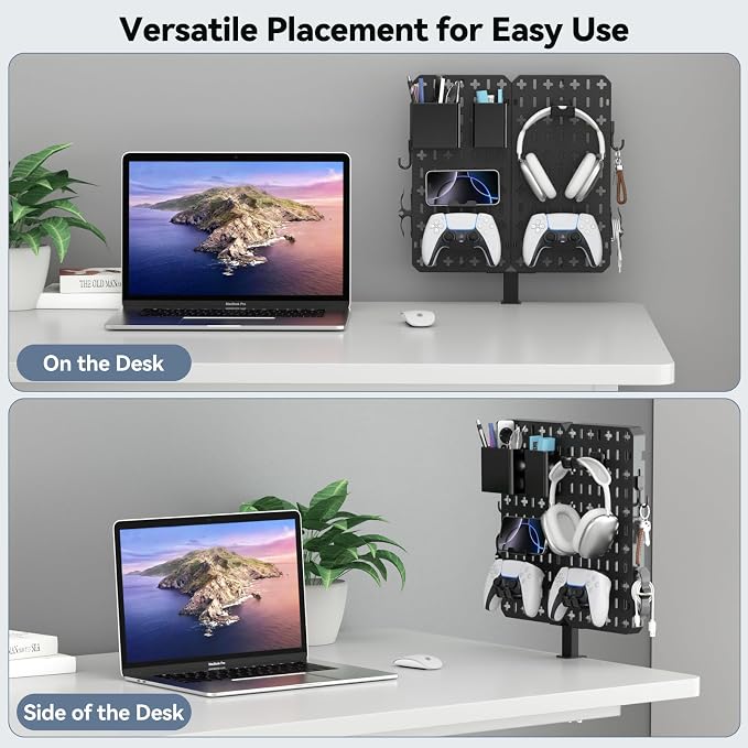 KDD 7 in 1 Clamp-on Desk Pegboard - No Drill Desk Side Storage with Phone Stand/Pen Holder/Storage Box/Headset & Controller Holder/Hooks, Detachable Gaming Pegboard for Office & Home Desktop Organizer - Image 4