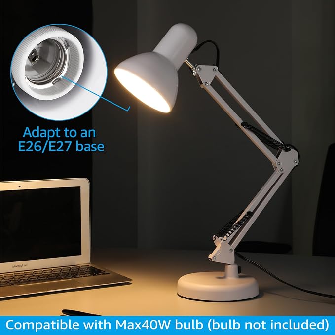 TORCHSTAR Metal Desk Lamp, Adjustable Swing Arm, E26, White | Architect Gooseneck Multi-Joint Clip Table Lamp with Plastic Clamp, for Home Office, Work, Study, Reading, Bulbs not Included - Image 7
