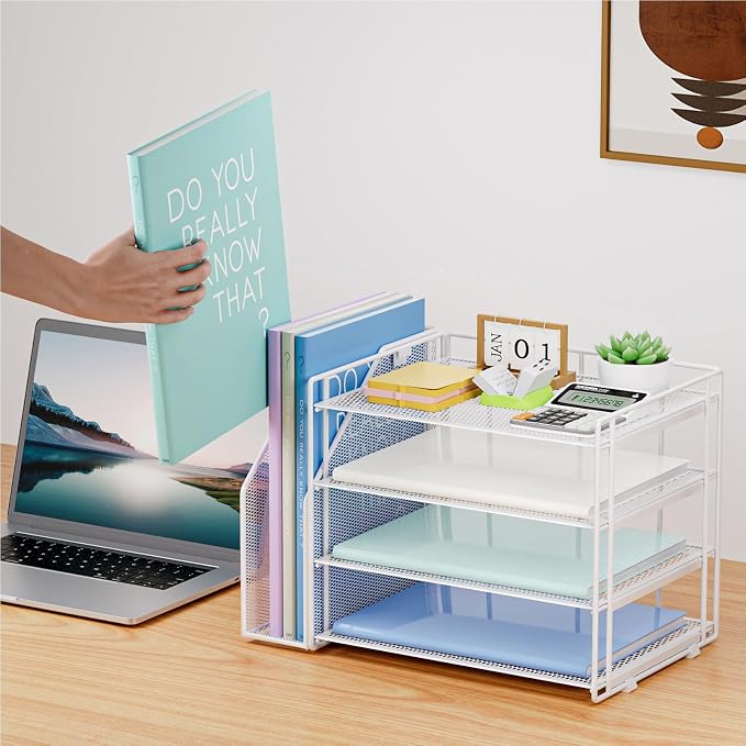 Marbrasse 4-Tier Paper Tray Organizer with File Holder, White | Sturdy Paper Tray, Built-in File Holder, fits Letters/Docs, Saves Desk Space, for School/Office/Home - Image 5