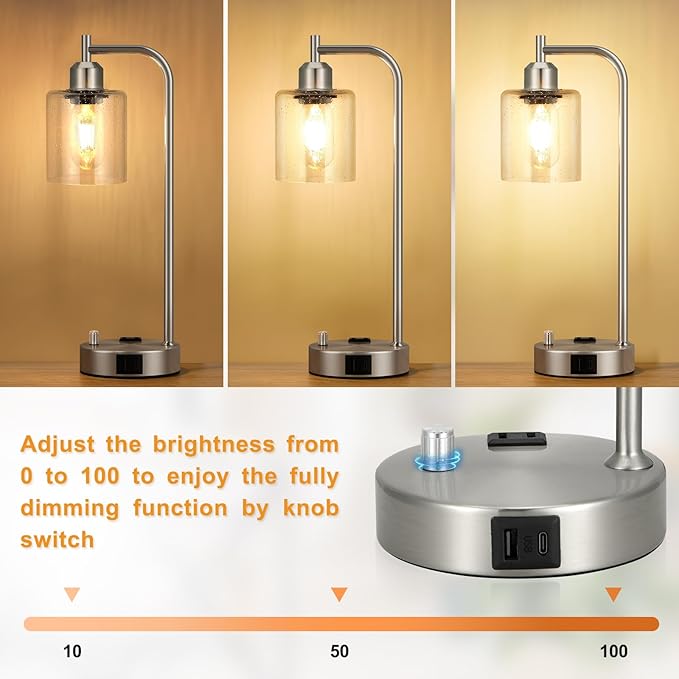 Industrial Table Lamps for Bedrooms Set of 2 - Fully Dimmable Bedside Lamps with USB A and C Ports and Outlet, Nickel Nightstand Lamps with Glass Shade for Living Room, Desk Lamps for Office Reading - Image 2