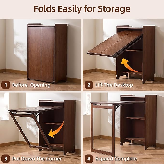 Bamboo Folding Desk with Storage, Foldable Desk for Small Spaces, Brown | Space-Saving Computer Desk with Storage, Compact Size, Writing Study Table for Home Office, Bedroom, Dorm, Apartment - Image 8