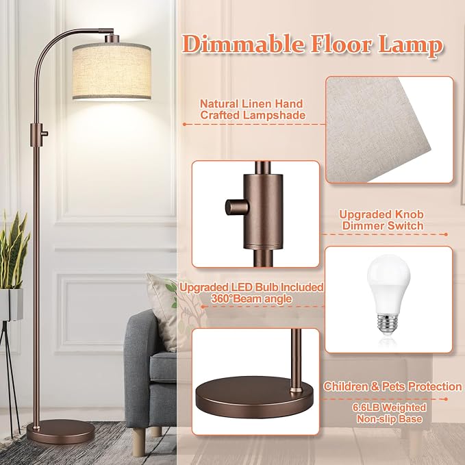 Nintiue Upgraded Modern Arc Dimmable Tall Standing Floor Lamp with Linen Shade, 1200 Lumens LED Bulb Included, for Living & Reading Room, Bedroom, Office & Nursery, Brown - Image 4