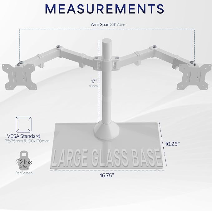 VIVO Dual Monitor Desk Stand for 13 to 32 inch Screens, STAND-V002FGW | Articulating, Freestanding Adjustable Monitor Arm, White with Glass Base, Computer Stand for 2 Monitors, Holds 22 lbs Each - Image 4