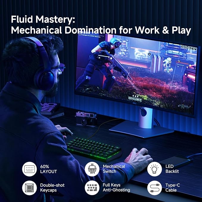 TMKB 60% Mechanical Gaming Keyboard, Red Linear Switch, Wired, Black | LED Backlight, Anti-Ghosting, Detachable USB-C, Double-Shot Keycaps, 61 Keys - Image 2