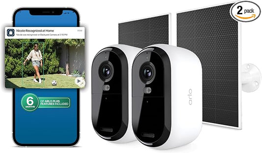 Arlo Essential Security Camera 2K (3rd Gen, 2025 Release) 2 Cam + 2 Solar Panels + 6 Months of Secure Plus Plan - Wireless Outdoor Camera, Battery Power, Person Recognition, Package Detection, White by Unknown