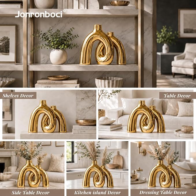 Hug Donut Decorative Vase Set - Golden Modern Classic Transitional Style Vases Home Decor, Matte Ceramic Decorations for Living Room Shelf, Bookshelf Mantle Entryway Table or Console Décor (Gold) - Image 7