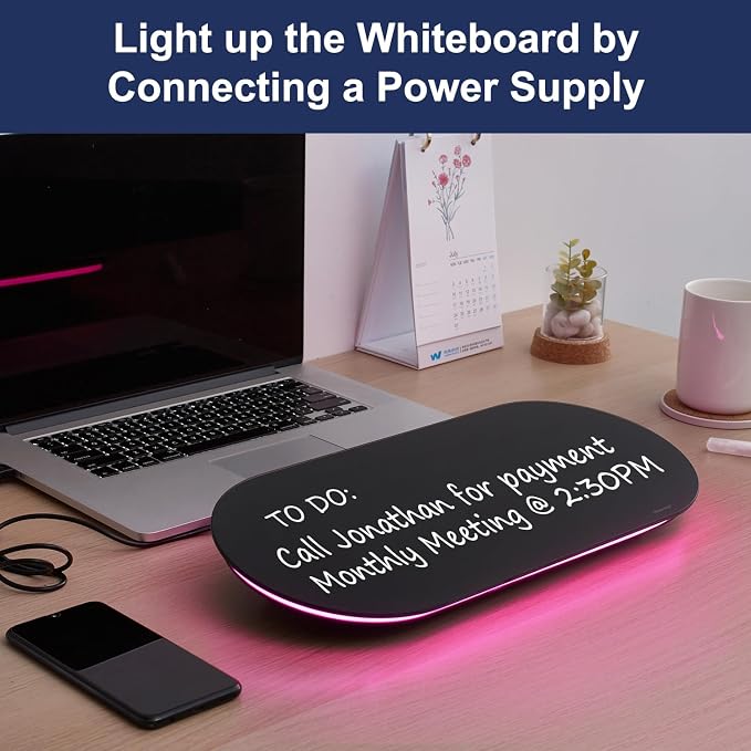 TSJ OFFICE Glass Desktop Whiteboard - 17 X 7 Inches Small Dry Erase Board with Pink Light, Black Glass White Board Surface Notepad with 1 Drawer, Desk Organizers for Office, Home, School Supplies - Image 5