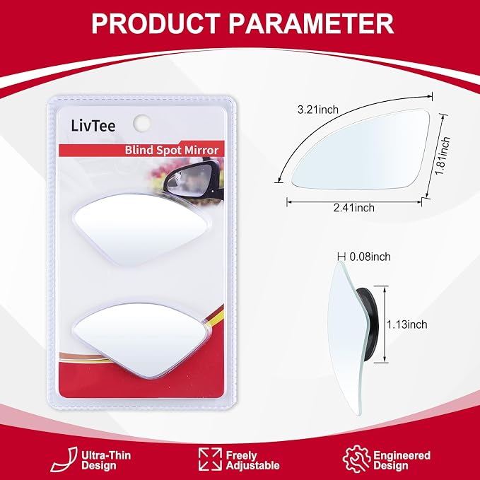 LivTee Blind Spot Car Mirror，Asymmetric Fan Shaped HD Glass Frameless Convex Rear View Mirror with wide angle Adjustable Stick for Cars SUV and Trucks, Pack of 2 - Image 3