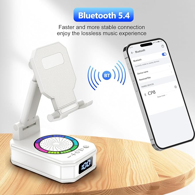 Cell Phone Stand with Wireless Bluetooth Speaker and Colorful LED Lights, 4-in-1 Multifunctional Phone Holder Support Fast Charging, Adjustable Desktop Stand for iOS Android White - Image 5