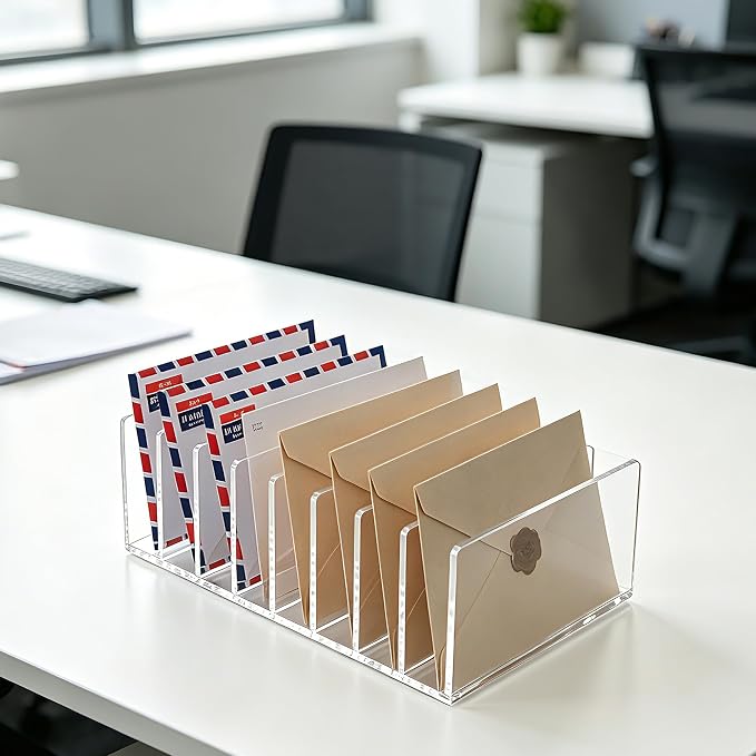 8 Compartments Clear Acrylic Mail Holder – Vertical Letter Sorter & Multifunction Desk Organizer for Bills, Documents, Notebooks – Modern Office/Home Envelope File Rack - Image 3