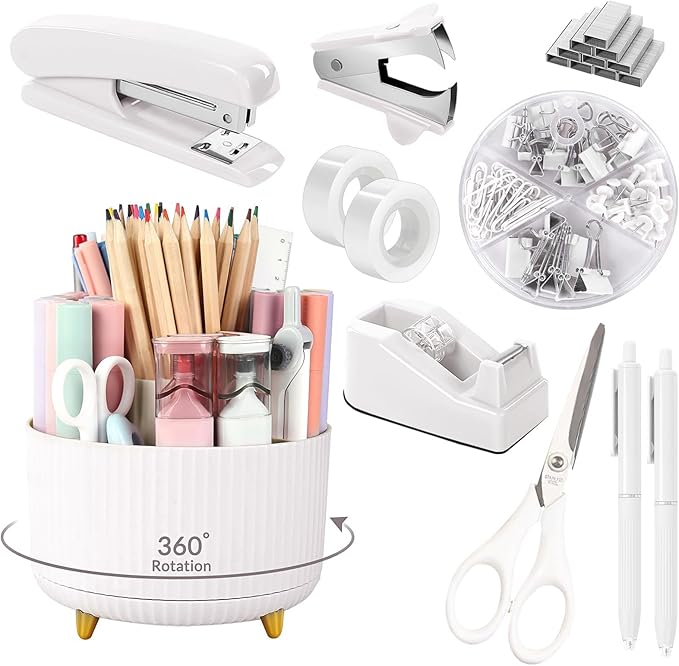 SKYDUE White Office Supplies Set, Office Desk Accessories 10PCS, Pencil Holder for Desk, Stapler, Tape Dispenser, Scissors, Ruler, Binder/Paper Clips and 1000pcs Staples,Desk Supplies Set by SKYDUE