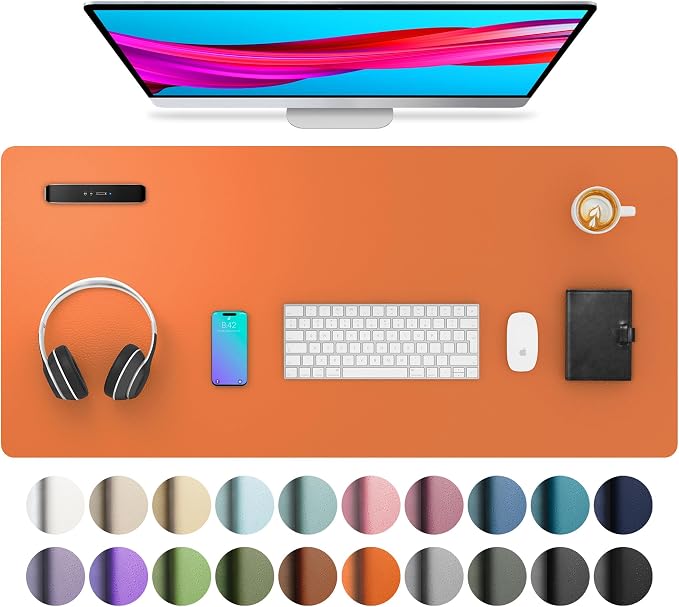 Aothia Leather Desk Pad Protector, Mouse Pad, Office Desk Mat, Non-Slip PU Leather Desk Blotter, Laptop Desk Pad, Waterproof Desk Writing Pad for Office and Home (36" x 17", Hermes Orange) by AothiaSimpleNaturalUnique
