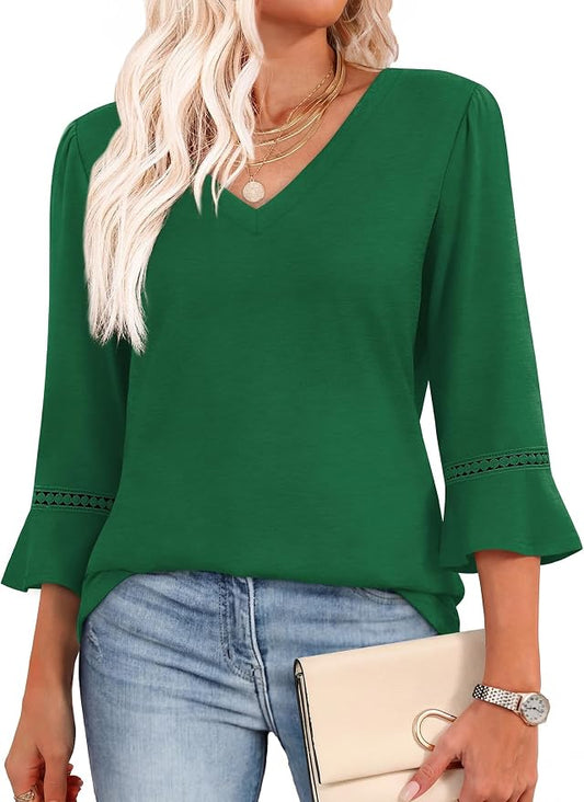 WIHOLL Womens Blouses Dressy Casual 3/4 Length Sleeve Tops Lace Trendy 2026 Spring Summer V Neck Shirts Vacation Outfits by WIHOLL